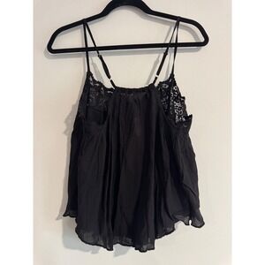 Free People Intimately Voile Lace Trapeze Cami Women Large Black Boho Festival